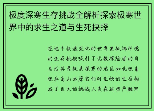 极度深寒生存挑战全解析探索极寒世界中的求生之道与生死抉择